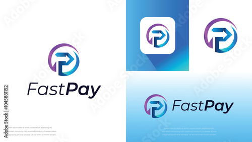 Fast pay logo set with arrow design, digital wallet, with letter P concept, modern payment logo design template, colorful letter P payment with abstract arrow symbol logo vector illustration.