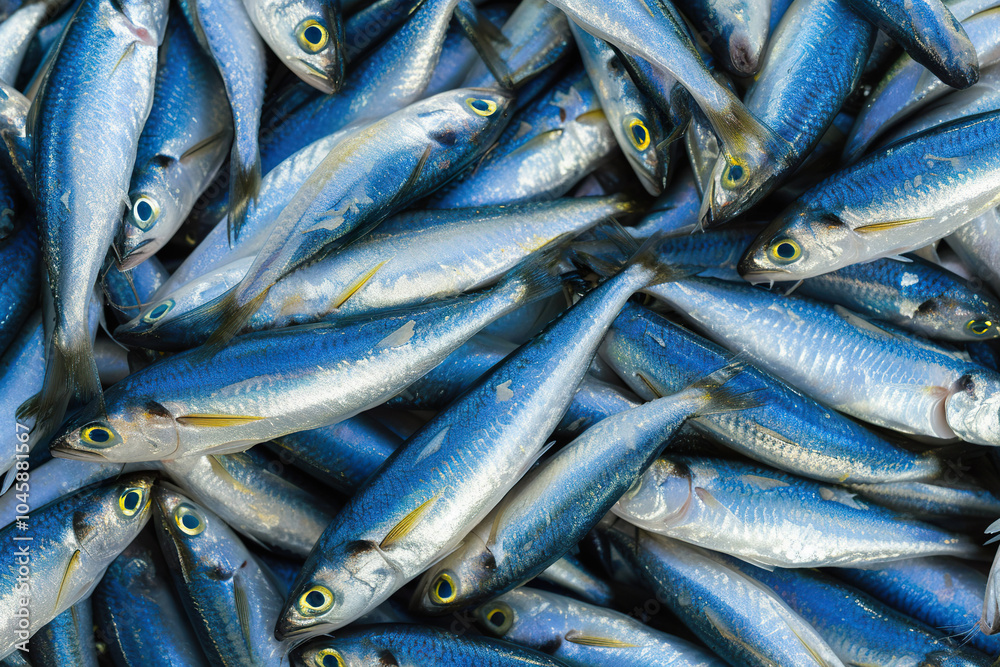 Fototapeta premium Freshly caught sardines from above, showcasing their shiny scales and colors