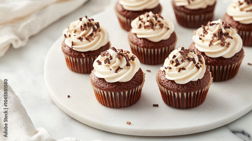 Mini chocolate cupcakes with ganache topping, placed on a white marble plate, decorated with chocolate sprinkles and a swirl of whipped cream Mini chocolate cupcakes with ganache topping, placed on a white marble plate, decorated with chocolate sprinkles and a swirl of whipped cream
