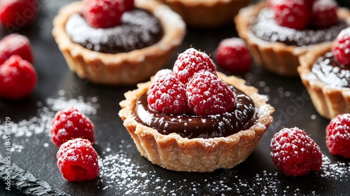 Mini chocolate ganache tarts, placed on a black slate surface, surrounded by fresh raspberries and a dusting of powdered sugar