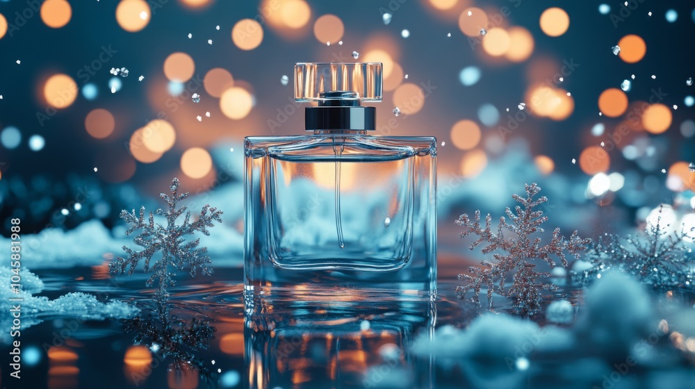 A delicate perfume bottle stands prominently on a reflective surface, surrounded by shimmering snowflakes and soft, warm lights creating a serene winter atmosphere during the evening. A delicate perfume bottle stands prominently on a reflective surface, surrounded by shimmering snowflakes and soft, warm lights creating a serene winter atmosphere during the evening.