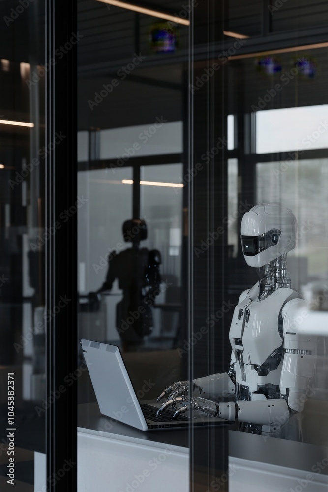Futuristic Robots Working Together: A Sleek Humanoid Robot Operates a Laptop in a Modern Office, Reflecting Advanced AI Technology and Collaboration. Futuristic Robots Working Together: A Sleek Humanoid Robot Operates a Laptop in a Modern Office, Reflecting Advanced AI Technology and Collaboration.