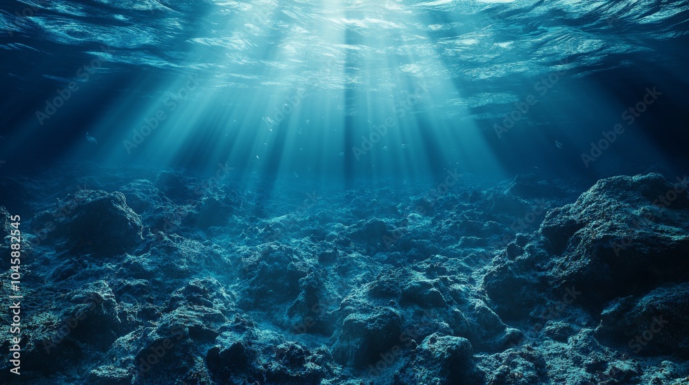 Obraz premium Underwater sunbeams shine through the water illuminating the ocean floor.