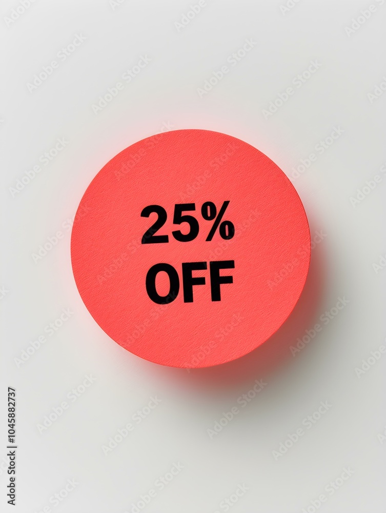 Black '25% OFF' Text on a Light Red Round Paper Note. White Background Black '25% OFF' Text on a Light Red Round Paper Note. White Background