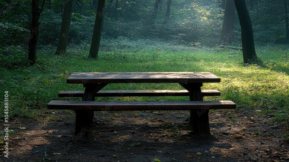 Wooden picnic table in a forest clearing with sunlight shining through the trees. Wooden picnic table in a forest clearing with sunlight shining through the trees.