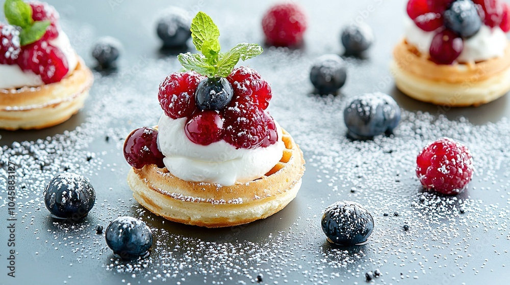 Close-up of a waffle topped with berries and a mint leaf Close-up of a waffle topped with berries and a mint leaf