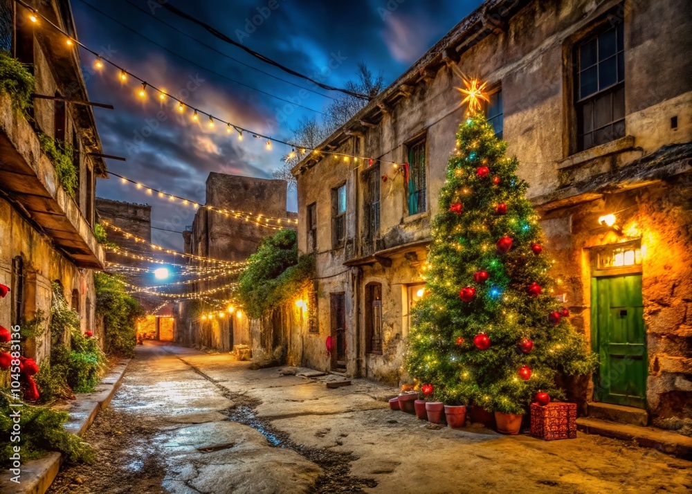 Fototapeta premium Urban Exploration Christmas Vibes - Abandoned Streets Decked for Feliz Navidad