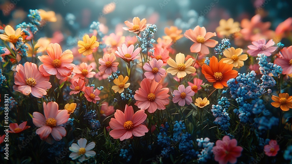 a group of flowers with a soft blue, pink, and yellow background a group of flowers with a soft blue, pink, and yellow background