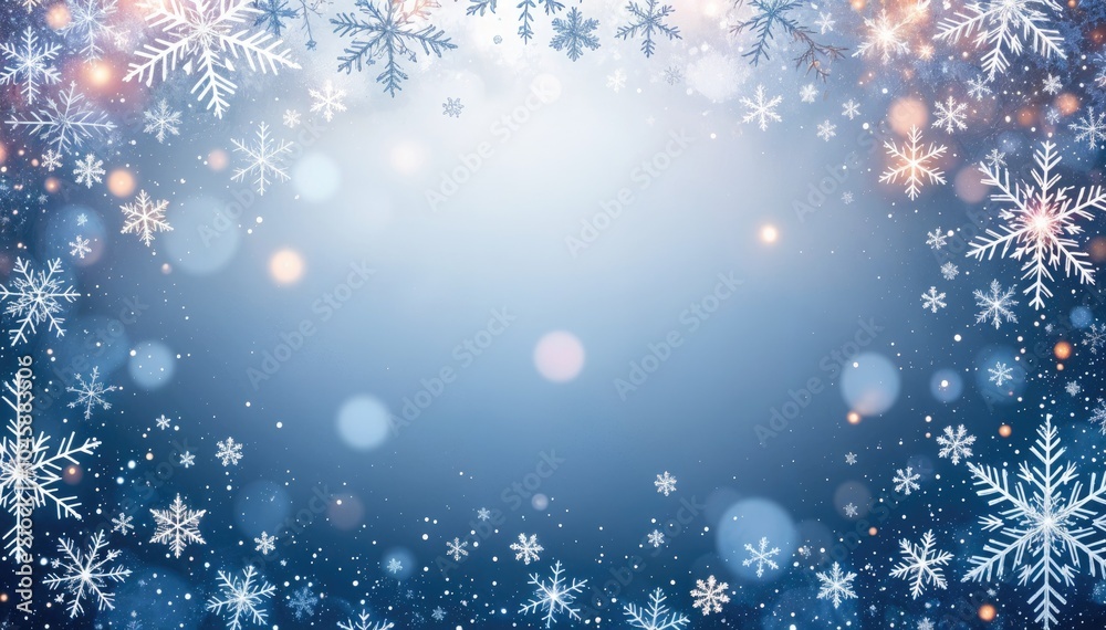 Blue winter background with space for text decorated with snowflakes, light bokeh effects
