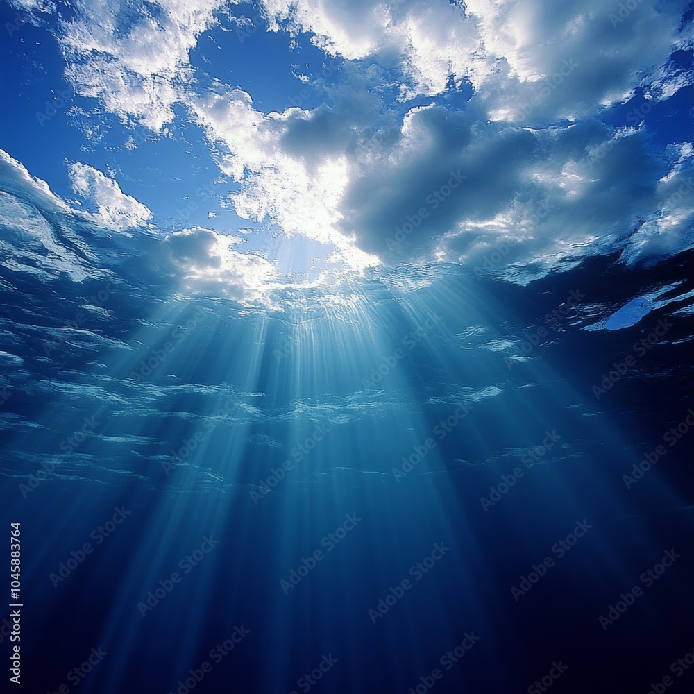 Fototapeta premium Underwater view of sunlight rays penetrating through the surface of the ocean, creating a beautiful and dramatic scene.
