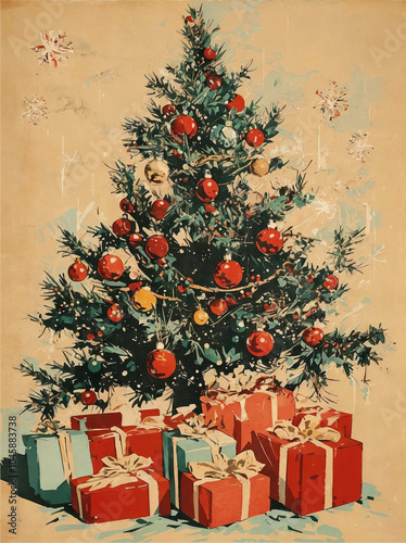 Vintage poster, of a beautifully decorated Christmas tree with presents underneath