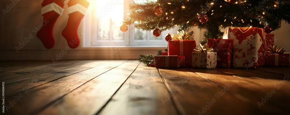 Christmas tree with presents and stockings by the window. Christmas tree with presents and stockings by the window.