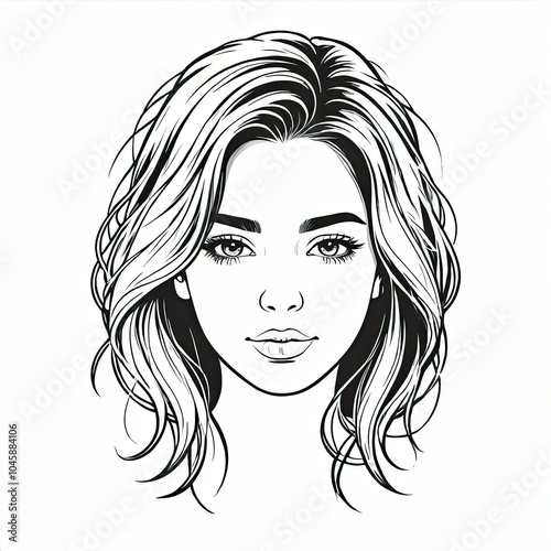 A black and white line drawing of a woman with wavy hair