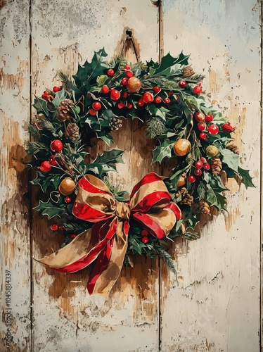 Vintage poster of an intricately decorated wreath hanging on a rustic door 