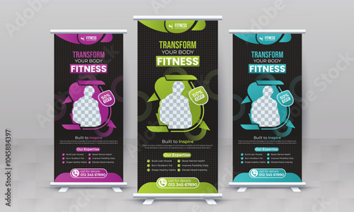 Fitness gym creative standee x rollup banner design vector template retractable bodybuilding advertisement signage