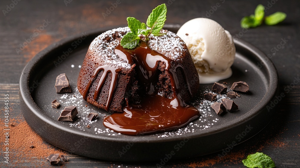 A chocolate dessert on a black plate, served with mint sprinkles and scoops of ice cream A chocolate dessert on a black plate, served with mint sprinkles and scoops of ice cream
