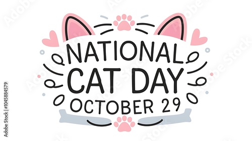 Whimsical Cartoon-Style Illustration for National Cat Day – Playful Text with Pink Cat Ears, Paw Prints, Hearts, and Swirls in Soft Pastel Colors with Black Outlines
