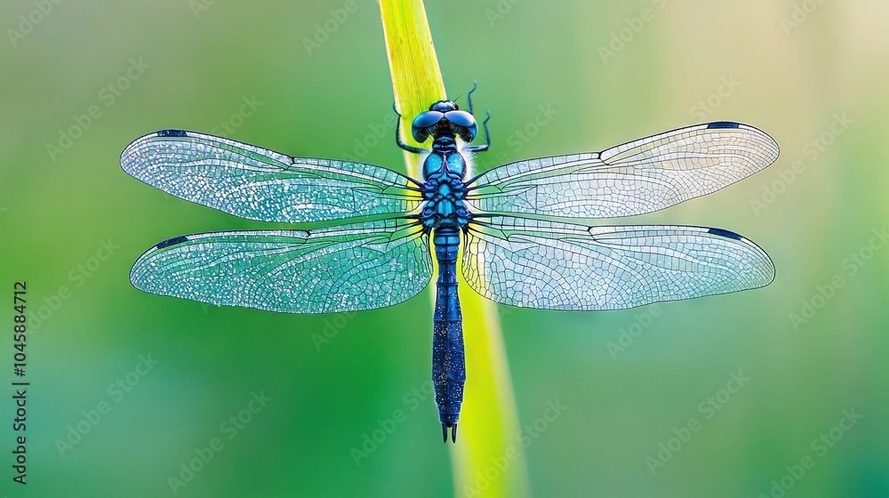 A clear picture of a blue dragonfly perched on a green stem with its wings unfurled A clear picture of a blue dragonfly perched on a green stem with its wings unfurled
