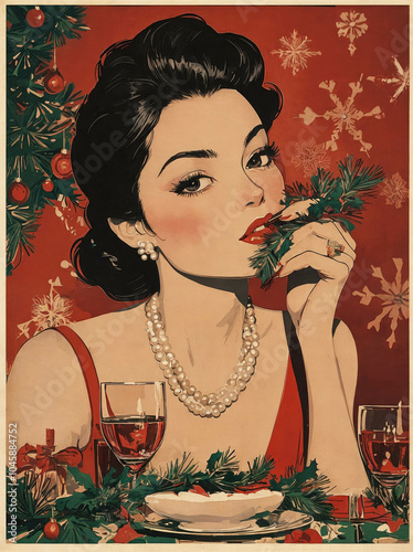 Vintage poster, a woman with black hair and a pearl necklace holding a mistletoe, festive dinner table in the background