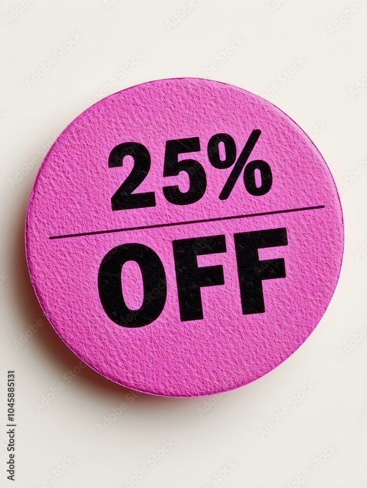 Black '25% OFF' Text on a Magenta Round Paper Note. White Background Black '25% OFF' Text on a Magenta Round Paper Note. White Background