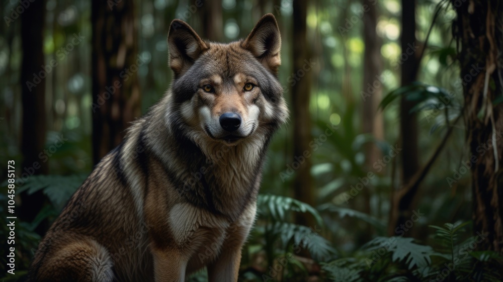Fototapeta premium A lone wolf sits in a forest, its eyes looking directly at the camera.