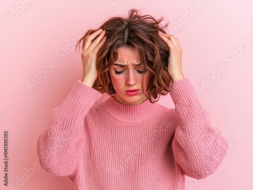 Frustrated woman experiencing stress with hands in hair, pink background photo