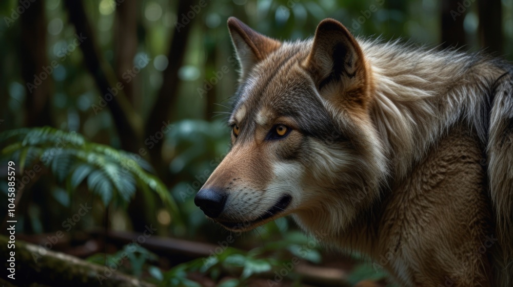 Fototapeta premium A wolf with amber eyes looks intensely at the camera in a dark green forest setting.