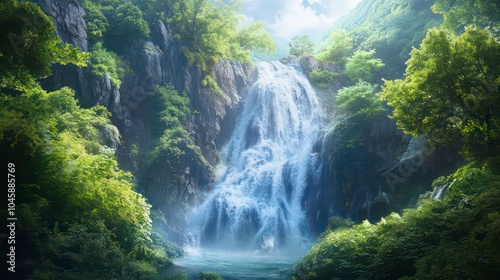 A cascading waterfall flows down a rocky cliff face, surrounded by lush green foliage. The sunlight filters through the trees, creating a dreamy atmosphere.