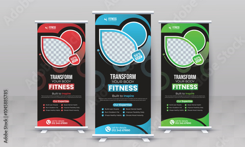 Fitness gym creative standee x rollup banner design vector template retractable bodybuilding advertisement signage