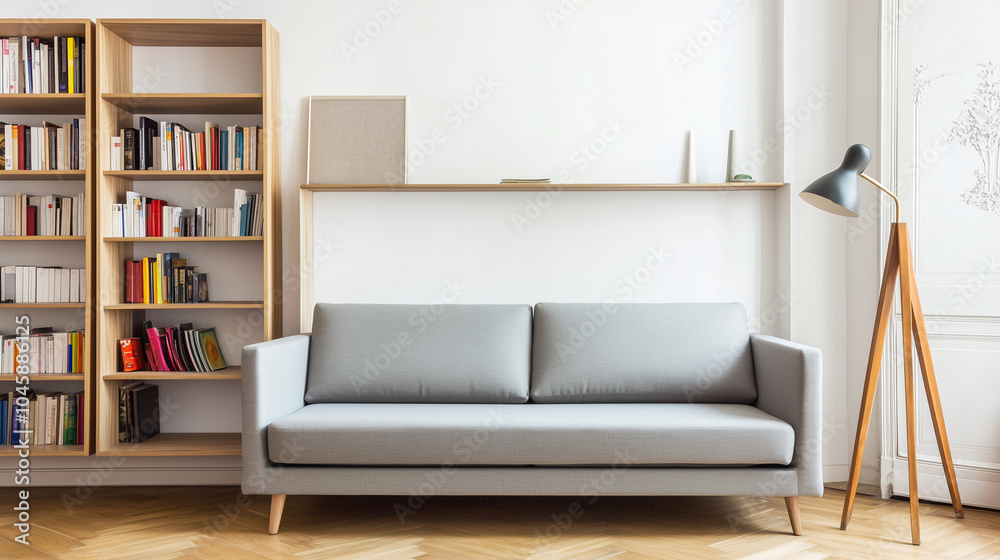 Modern living room with grey sofa and wooden bookshelf
Modern living room with grey sofa and wooden bookshelf