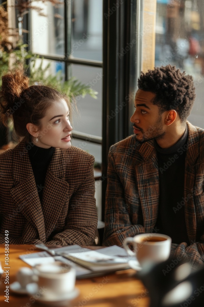 Fototapeta premium Intimate Conversation: Stylish Young Couple Engaged in Deep Discussion at Stylish CafÃ©, Cozy Atmosphere with Coffee and Notebooks, Modern Interiors