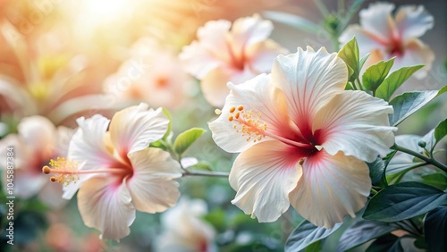 Soft focus image of white and peach hibiscus blooms with shallow depth of field