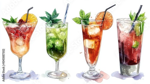 Watercolor illustration of four refreshing summer cocktails with fruit and mint garnish.