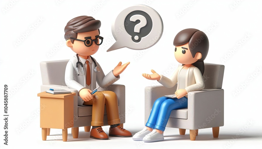 3D Cartoon Doctor Talking to Patient with Question Mark. 3D Cartoon Doctor Talking to Patient with Question Mark.
