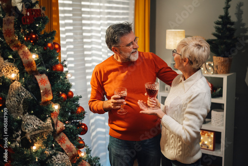 Senior couple celebrating christmas drinking wine by the tree photo