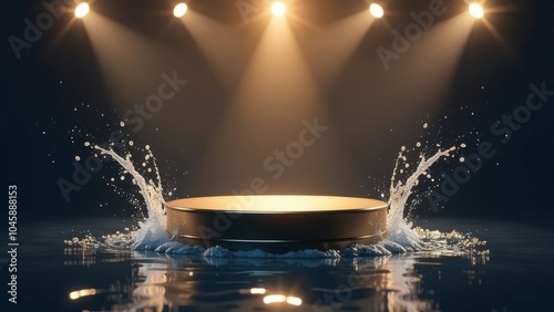 Pedestal for product presentation on water with splashes in a golden blurred bokeh in the spotlight. Holiday showcase