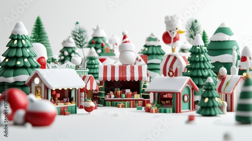 Christmas village scene with festive trees, market stalls, and decorations on a white background.