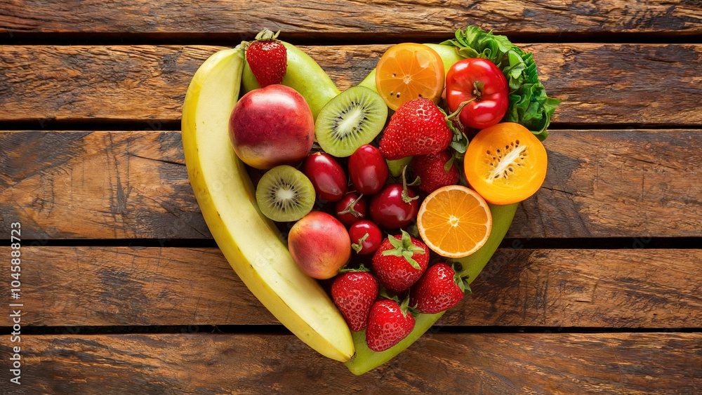 Heart-Shaped Fruit and Vegetable Arrangement on Rustic Wooden Table, Banner Top view, flat lay with copy space. Love Healthy food eating Heart-Shaped Fruit and Vegetable Arrangement on Rustic Wooden Table, Banner Top view, flat lay with copy space. Love Healthy food eating