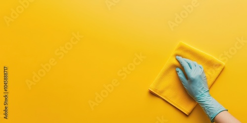 Hand in a blue glove cleaning a yellow surface with a cloth.