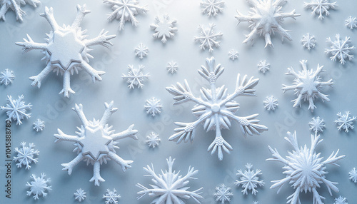 Various intricate white snowflakes on light blue background