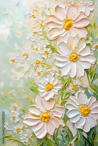 A stunning floral painting featuring vibrant white and yellow flowers, showcasing intricate details and textures against a soft green background. Perfect for any art lover.