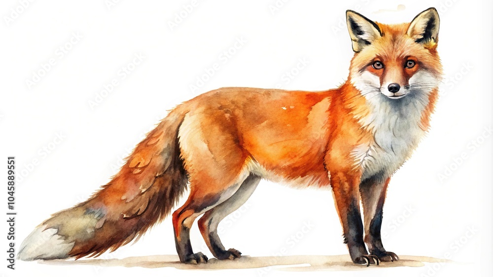 Fototapeta premium watercolor painting, red fox, asymmetrical, white background