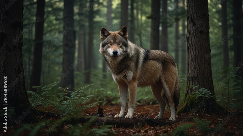 Fototapeta premium A lone wolf stands in a misty forest, its gaze fixed on the camera. The forest floor is covered in leaves and ferns, and the trees are tall and thick. The wolf's fur is