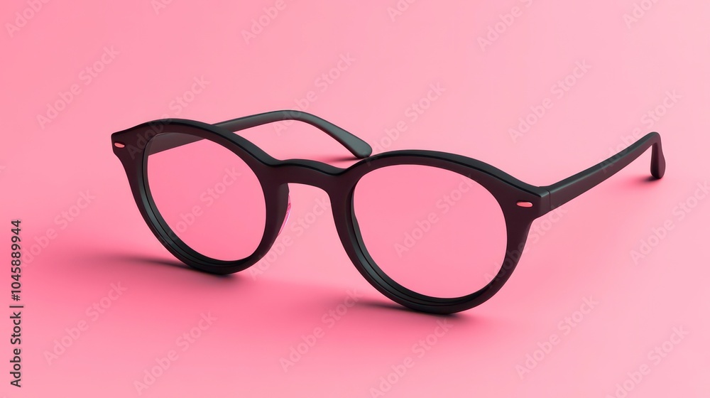 Black round glasses lying on a pink background. Black round glasses lying on a pink background.