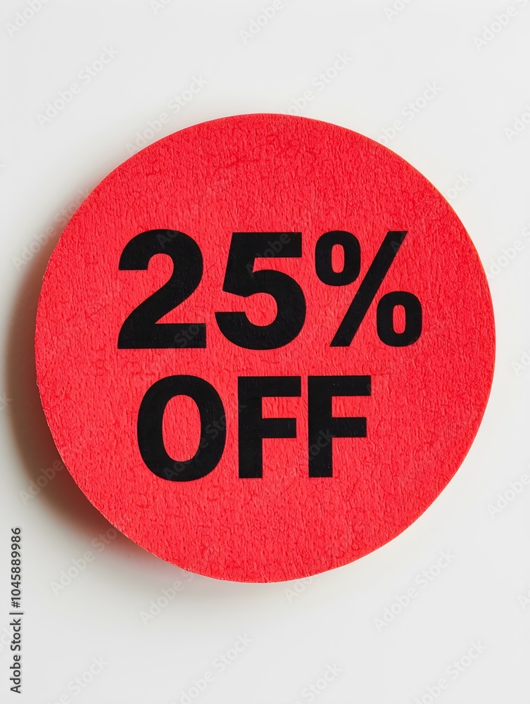 Black '25% OFF' Text on a Red Round Paper Note. White Background Black '25% OFF' Text on a Red Round Paper Note. White Background