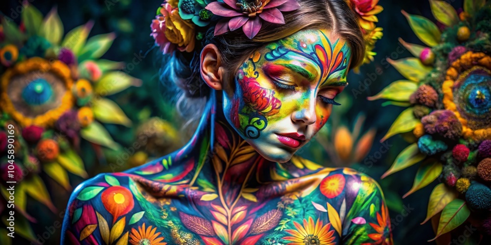 Fototapeta premium Vintage Body Paint Photography Featuring Bold Colors and Intricate Designs on Young Models