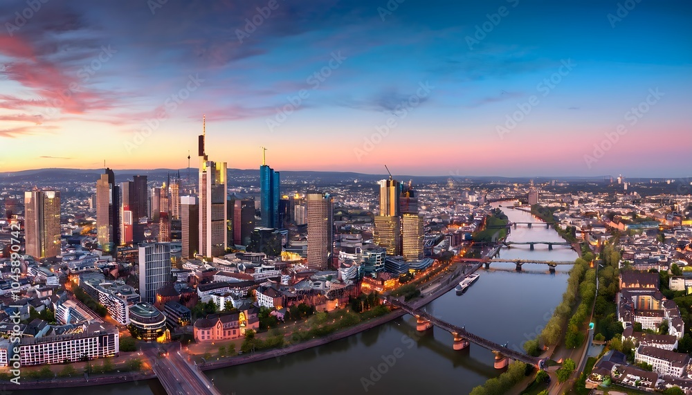 Fototapeta premium High resolution aerial panoramic view of Frankfurt, Germany after sunset