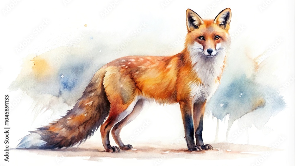 Fototapeta premium watercolor painting, red fox, white background, asymmetrical