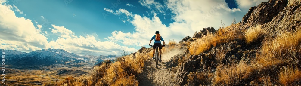 Fototapeta premium Cyclist explores rugged mountain trail under dramatic skies, showcasing adventure and nature's beauty.