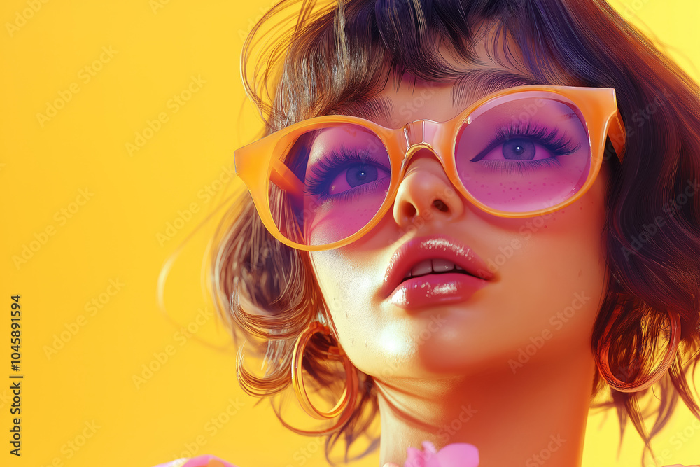 retro summer vibe with young woman wearing orange sunglasses, highlighted by vibrant pink makeup and yellow background retro summer vibe with young woman wearing orange sunglasses, highlighted by vibrant pink makeup and yellow background